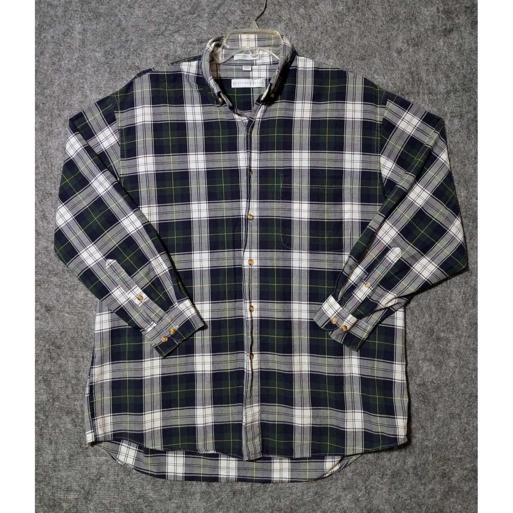 Geoffrey Beene Plaid Button Down Mens Large Green Navy White Long Sleeve Shirt